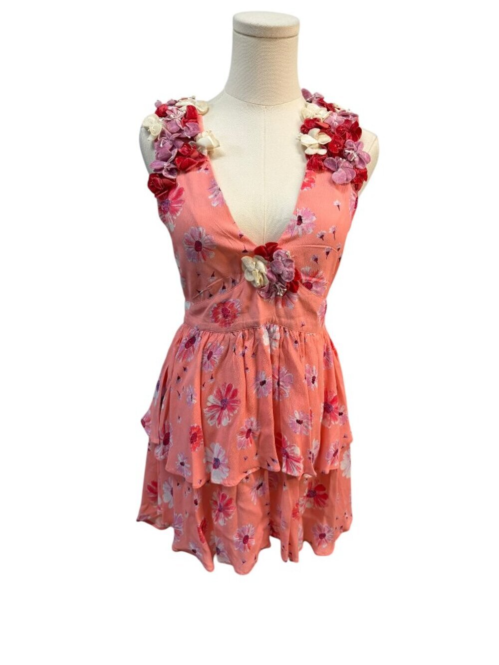 LoveShackFancy Shayna Dress Size 2 NWT Coral Floral Appliqué Silk Dress